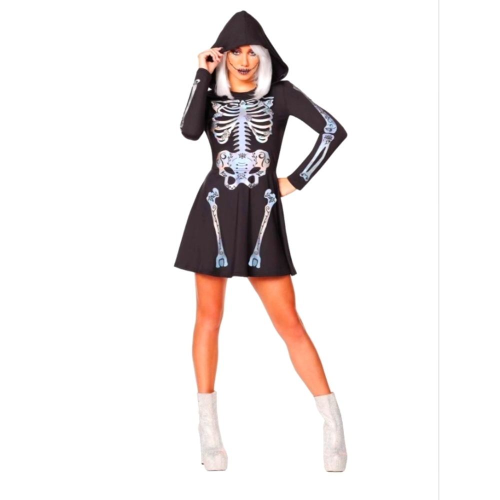 Skeleton long sleeve hooded dress with iridescent skeleton print